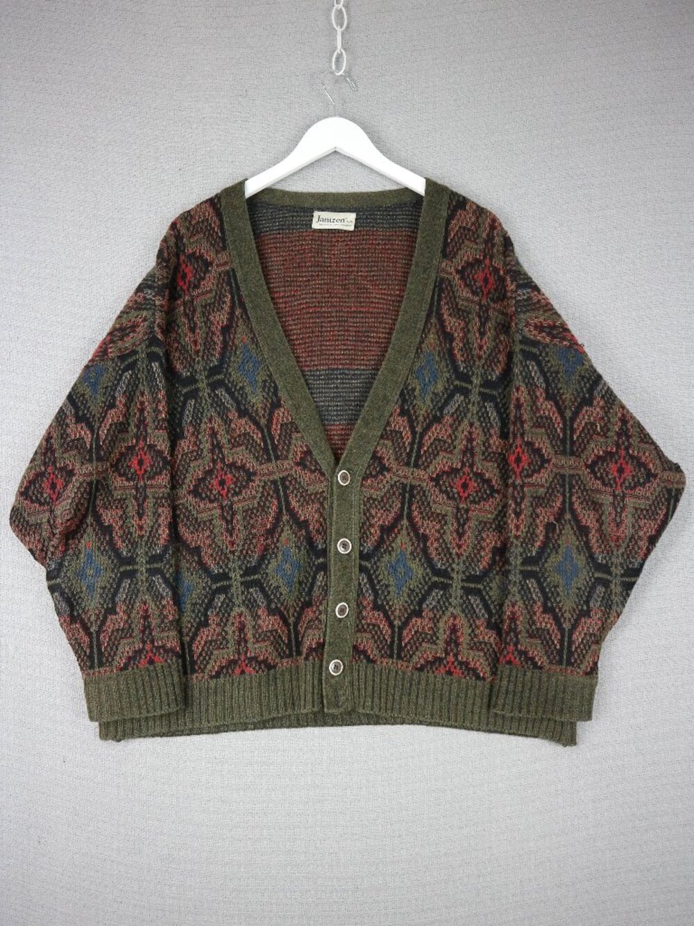 Vintage Jantzen 1980s Cardigan Sweater Mens Large Wool Mohair Acrylic Mix VTG